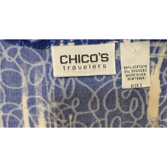 Chico’s Travelers Top L Blue White Abstract Prnt VNeck 3/4 Slve Business Casual - Picture 3 of 5